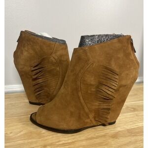 ASH Wedge Brown Suede Peep Toe Ankle Booties Sz 8.5 EUC Boho Fringe